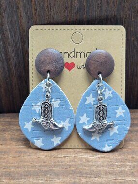 NWT Western Cowboy Boots Charms Earrings Pierced Star Leather Dangle Drop OOAK